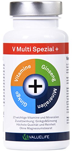 V Multi Spezial: Multivitamin + Multimineral hochdosiert | 23 Vitamine & Mineralien mit Extrakraft aus Ginkgo Biloba & Panax Ginseng | Optimale Bioverfügbarkeit für Körper und Geist | Stärkt das Immunsystem | Ohne Magnesiumstearat | Beste Qualität Made in Germany | 90 Kapseln