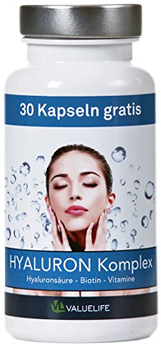 Valuelife Hyaluron Komplex – Hyaluronsäure – Biotin – Panthotensäure + Vitamine – Ideale Verbindung für Haut + Anti Aging und Gelenke – rein natürlich und hoch dosiert – 90 vegane Kapseln (1*45g)