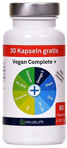 Vegan Complete+ — Veganes Calcium, Leinsamenpulver, DHA Omega 3, Eisen, Zink, Iod, Vitamin D und Vitamin B12. Speziell entwickelt zur Begleitung einer veganen Ernährung! 90 Kapseln à 583mg