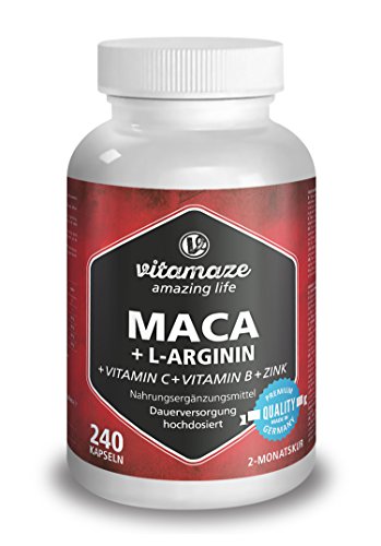 Maca Kapseln hochdosiert 4000 mg + L-Arginin 1800 mg + Vitamine + Zink, 240 Kapseln für 2 Monate