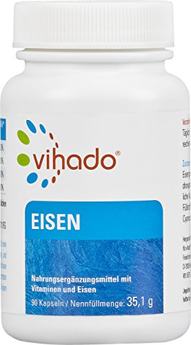 Vihado Eisen Kapseln hochdosiert, Eisentabletten vegan + Vitamin C + Biotin + Vitamin B12, Blut + Müdigkeit + Immunsystem, 90 Kapseln, 1er Pack (1 x 35,1 g)