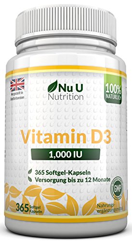 Vitamin D3 1000IU von Nu U, 365 Softgel-Kapseln (Jahresversorgung) – 100% GELD-ZURÜCK-GARANTIE – Vitamin D stärkt die Knochen, Zähne und das Immunsystem – keine künstlichen Zusatzstoffe – Hohe Stärke 1000IU