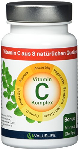 Vitamin C Komplex: Vitamin C aus 8 natürlichen Quellen! 160 mg Vitamin C Tagesdosis. Zusatzwirkung durch Moringa Oleifera. 60 Kapseln à 599mg (1*35,9g)