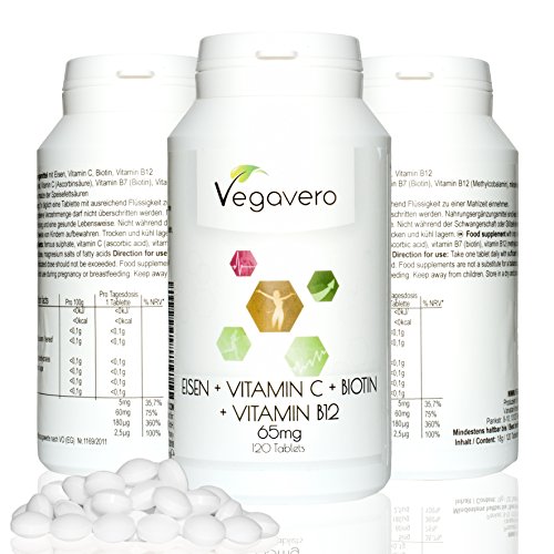 Vegavero Eisen + Vitamin C + Biotin + Vitamin B12 | 120 Tabletten | Hochdosiert | Immunsystem ▪ Blut ▪ Müdigkeit | 4 Monatsvorrat | Vegan